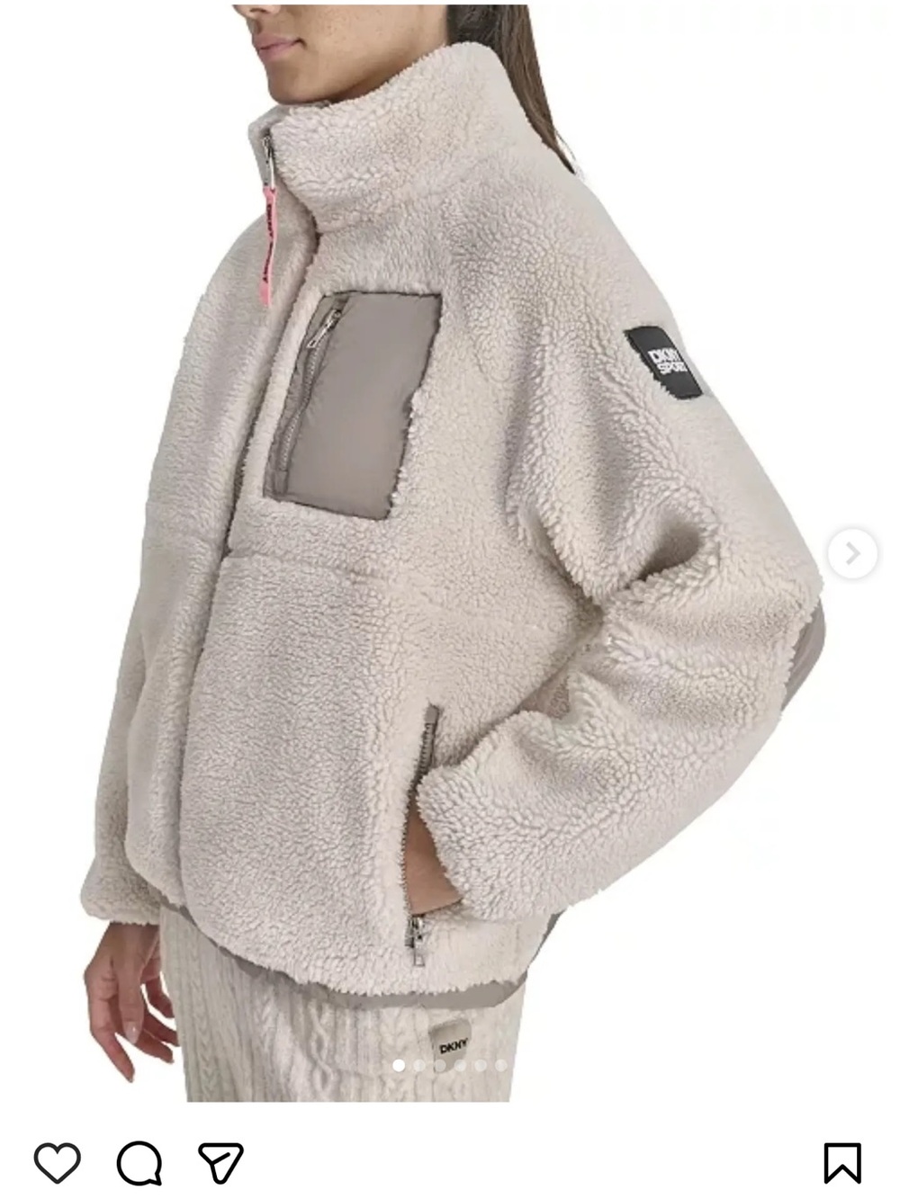 Dkny Cream Sherpa Puffer Jacket with Taupe Chest Pocket